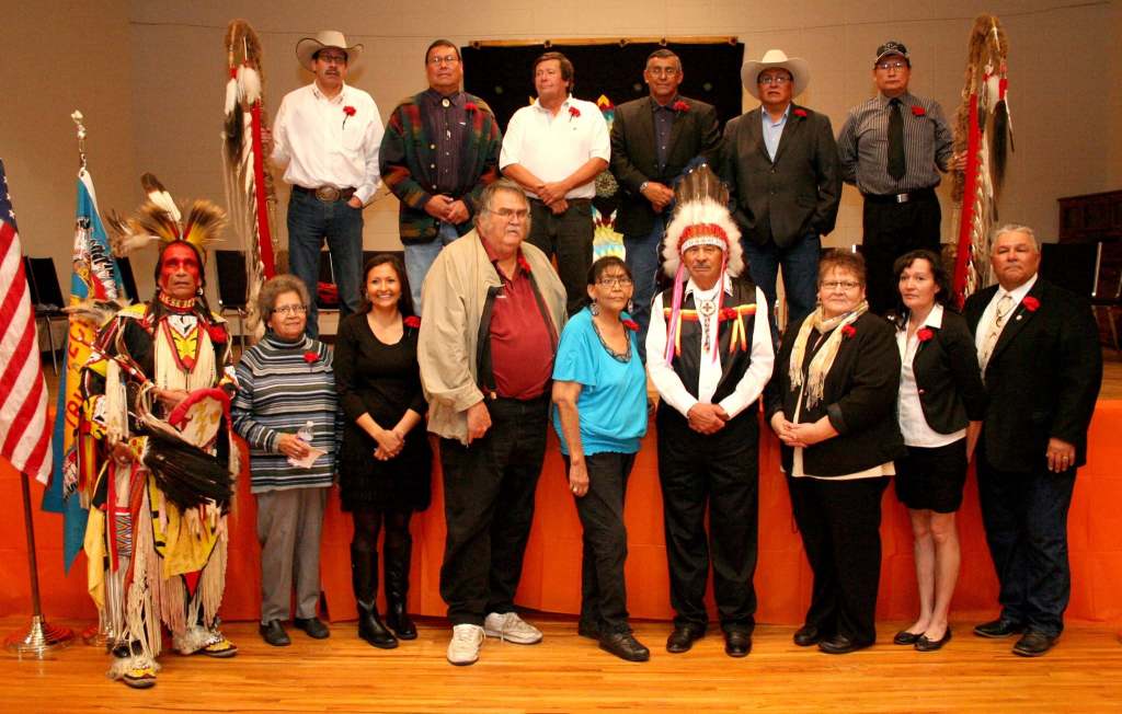 Fort Peck Tribal Executive Board group portrait with Chairman A.T. “Rusty” Stafne, Vice Chairwoman Ann Lambert, Sgt. at Arms John Weeks and members of the Tribal Executive Board.