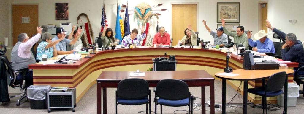 Fort Peck Tribal Executive Board members vote during a council meeting chaired by A.T. “Rusty” Stafne in October 2013.