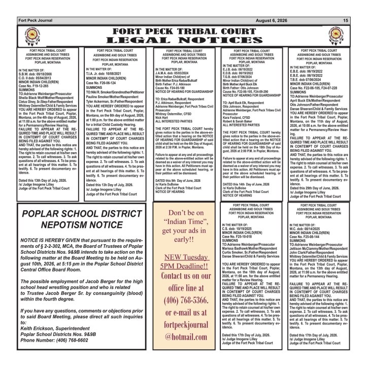 Page 15 of the August 6, 2026 Fort Peck Journal featuring Fort Peck Tribal Court legal notices and a Poplar School District nepotism notice.