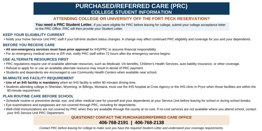 Purchased/Referred Care information for Fort Peck college students attending school off the reservation, including eligibility and medical-coverage requirements.