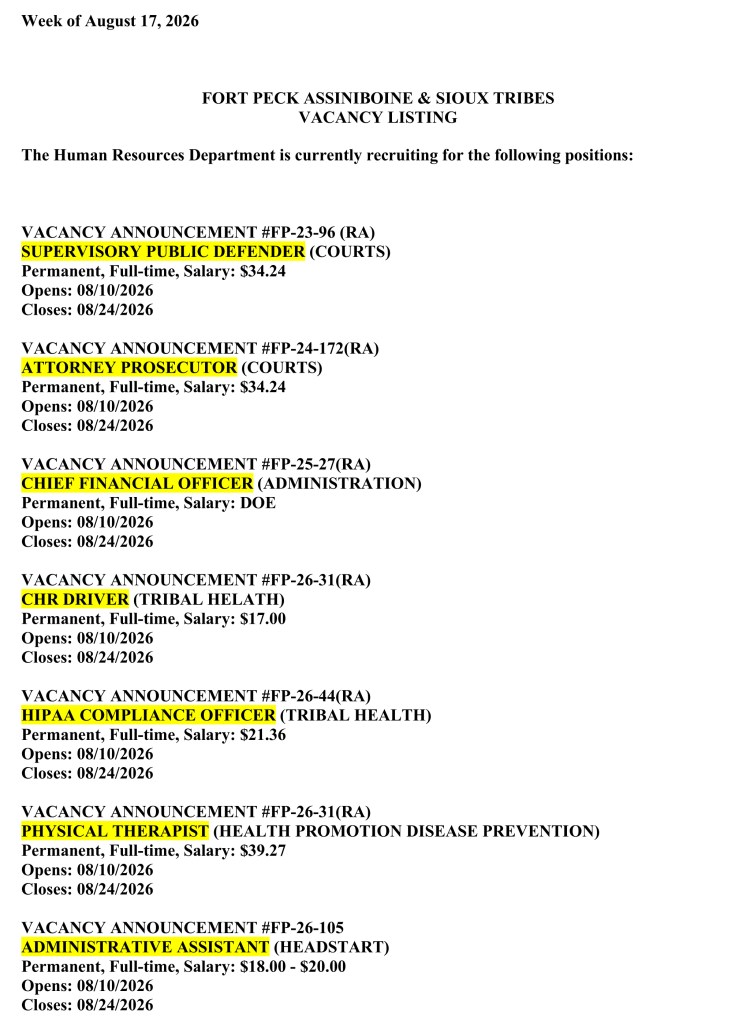 Fort Peck Tribal Vacancy Listing for August 17, 2026, page 1 of 4