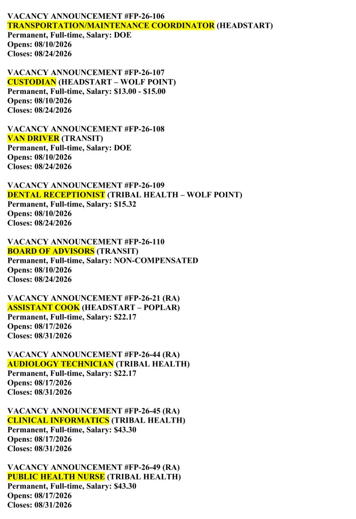 Fort Peck Tribal Vacancy Listing for August 17, 2026, page 2 of 4