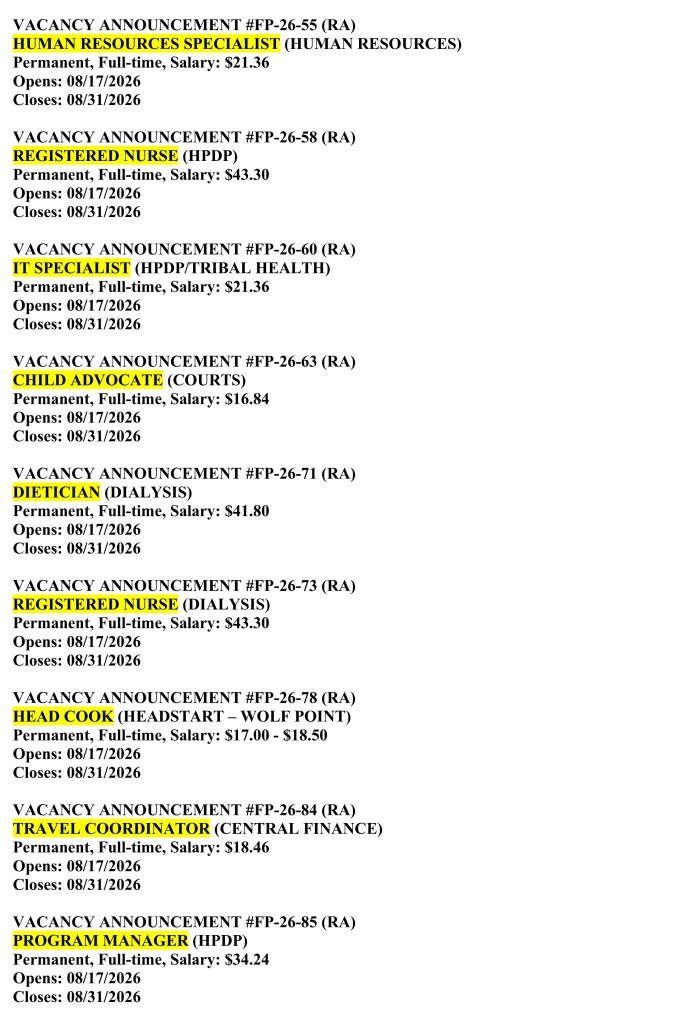 Fort Peck Tribal Vacancy Listing for August 17, 2026, page 3 of 4