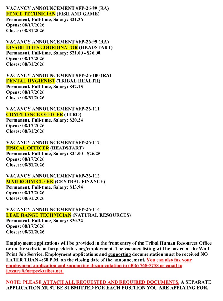 Fort Peck Tribal Vacancy Listing for August 17, 2026, page 4 of 4