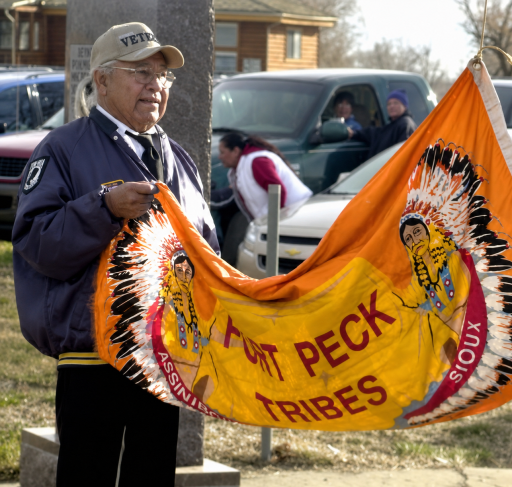 Fort Peck veteran Harry Three Stars holds an orange Fort Peck Tribal Flag outdoors.