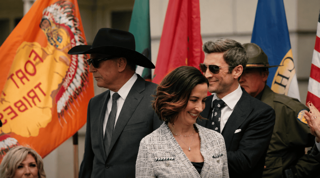 Digitally altered image from Yellowstone showing an orange Fort Peck Tribal Flag among other tribal flags.