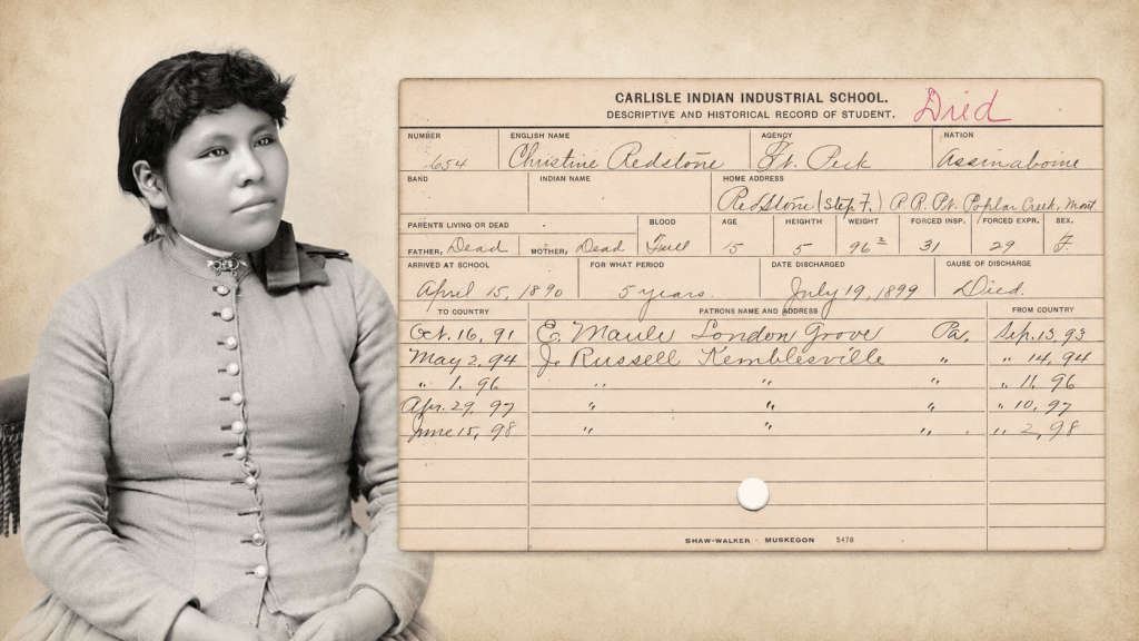Composite showing Christine Redstone’s circa-1891 Carlisle portrait beside her student record documenting her 1890 arrival and 1899 death.