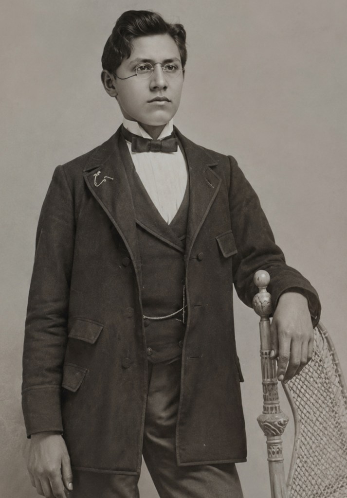 Historical black-and-white portrait of Peter Howe standing beside a chair in a suit, vest, bow tie and glasses.